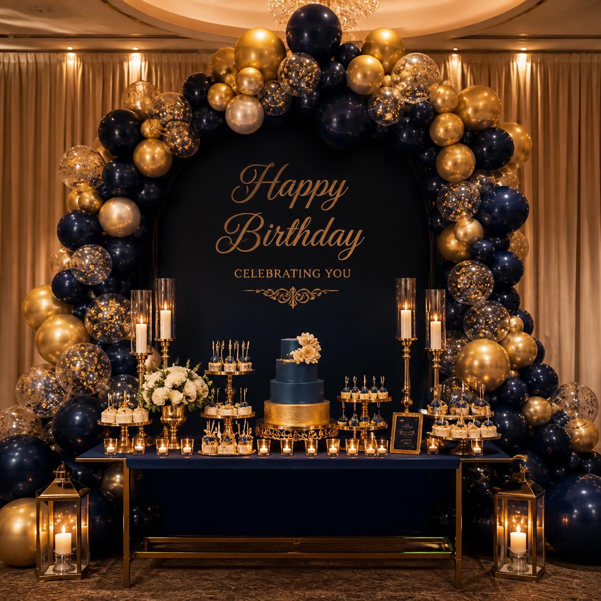 Navy and gold balloon arch over a dessert table