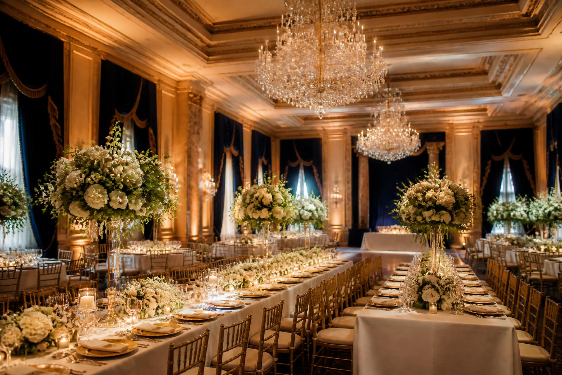 Royal Palace Event Hall set for a candlelit reception with chandeliers and gold accents